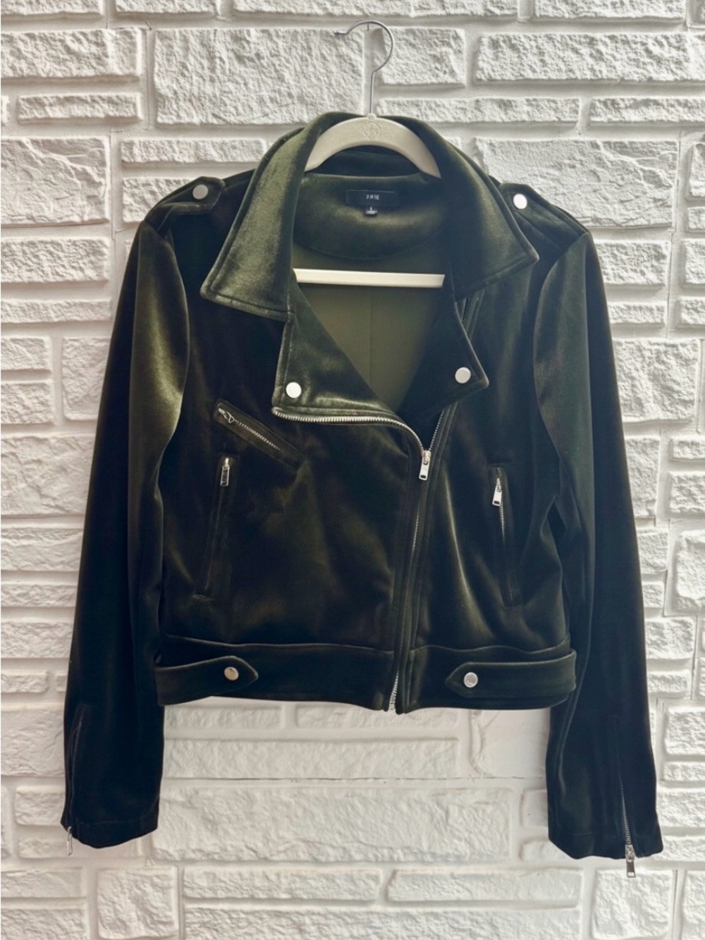 Fate Dark Olive Velvet Moto Jacket with Silver Hardware